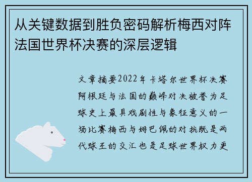 从关键数据到胜负密码解析梅西对阵法国世界杯决赛的深层逻辑