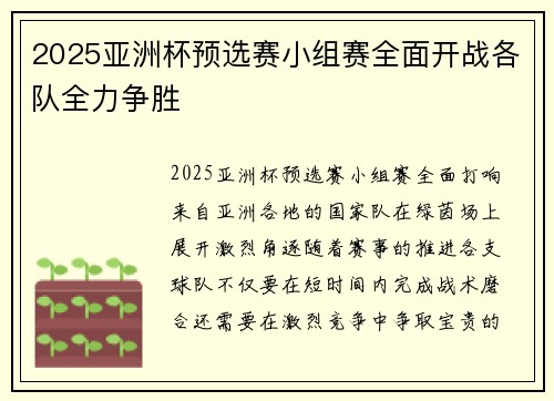 2025亚洲杯预选赛小组赛全面开战各队全力争胜 2025亚洲杯预选赛小组赛全面开战各队全力争胜